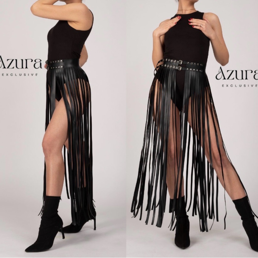 Black Fringe Real Leather Skirt